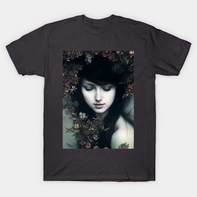 Floral Somberness: A Dark and Enchanting Portrait of Beauty and Mystery T-Shirt by Christine aka stine1